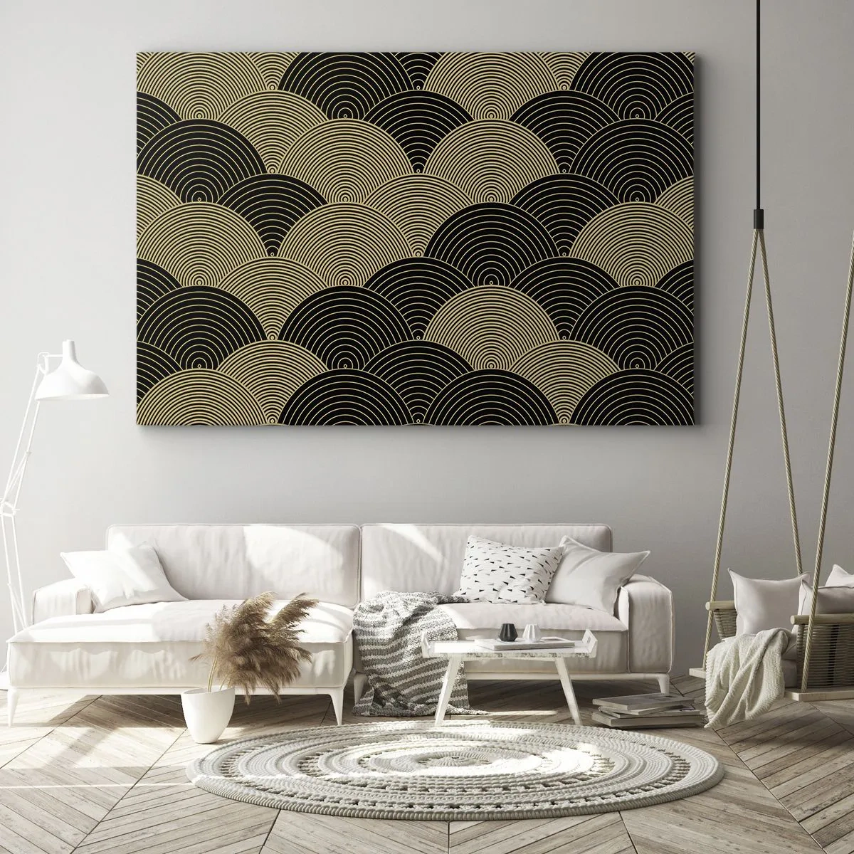 Schilderen op canvas - Art Deco-patroon met halve cirkels en gouden lijnen - 70x50cm - Eenheid in veelheid - Moderne wanddecoratie voor woonkamer en slaapkamer ARTTOR