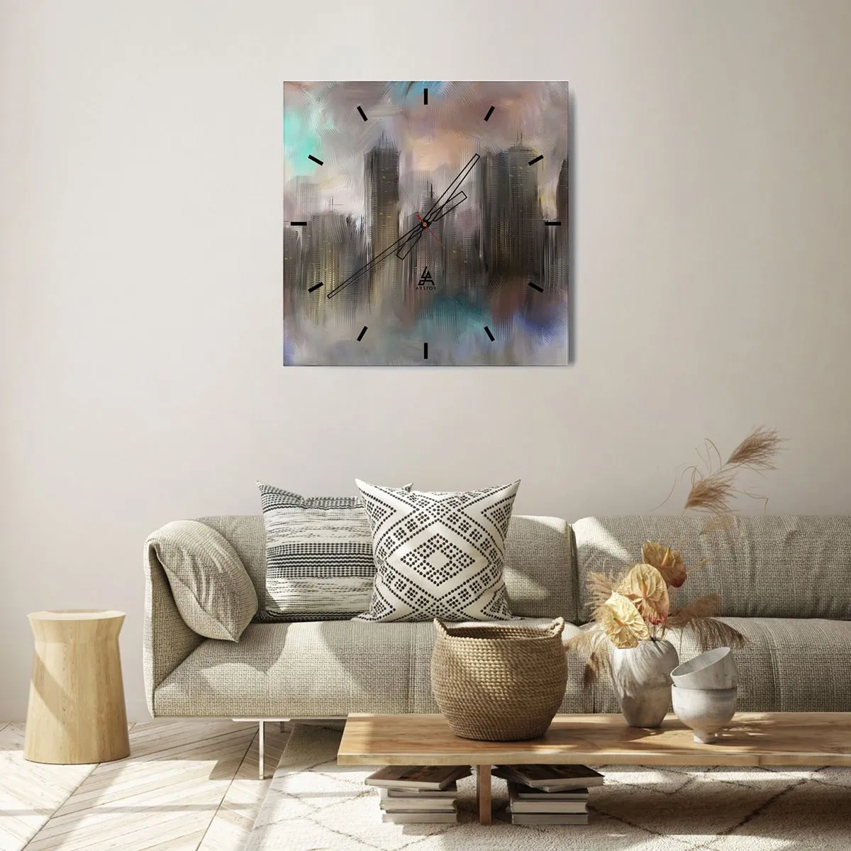 Wandklok - Klok - Een compositie van staal, steen en mist - 30x30 cm