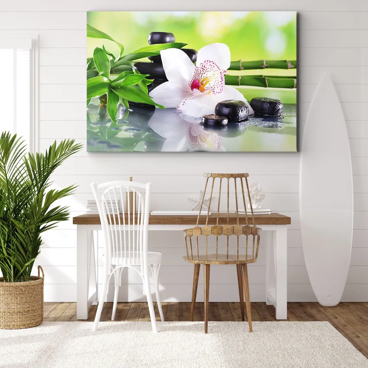 Schilderen op canvas - Orchidee, stenen en bamboe in een harmonieuze spa-compositie - 70x50cm - Koele frisheid - Moderne wanddecoratie voor woonkamer en slaapkamer ARTTOR