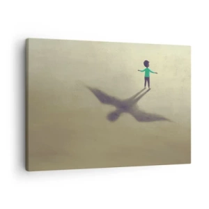 Schilderen op canvas - Een symbolische afbeelding van een kind met de schaduw van een vogel tegen een achtergrond in warme tinten. - 70x50cm - De held van de toekomst - Moderne wanddecoratie voor woonkamer en slaapkamer ARTTOR