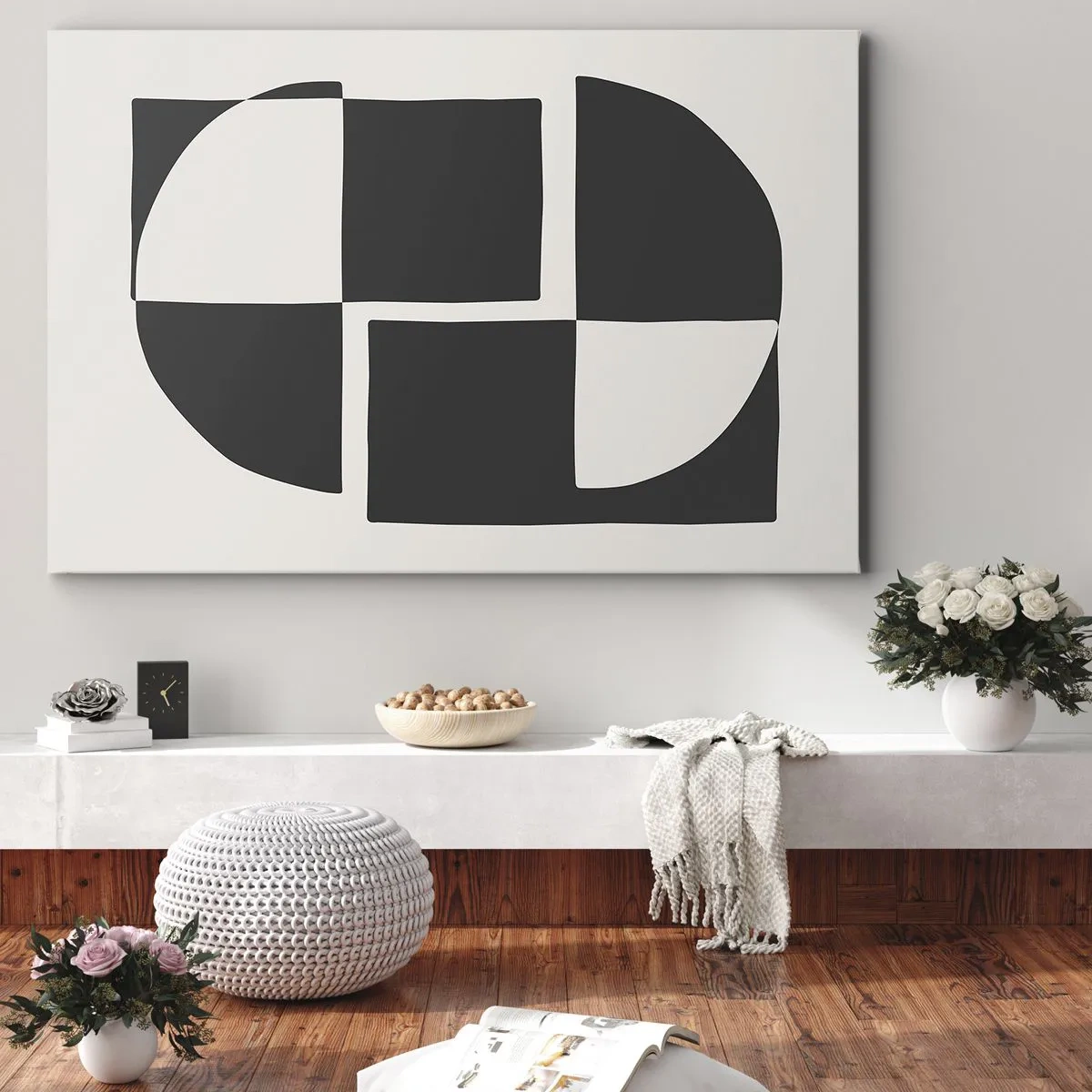 Schilderen op canvas - Abstracte geometrische vormen in zwart-wit - 70x50cm - Antithese - synthese - Moderne wanddecoratie voor woonkamer en slaapkamer ARTTOR