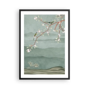Poster in een zwarte lijst - Vogels op een bloeiende tak met uitzicht op de heuvels - 50x70cm - Lente, oh jij bent het - Moderne wanddecoratie voor woonkamer en slaapkamer ARTTOR