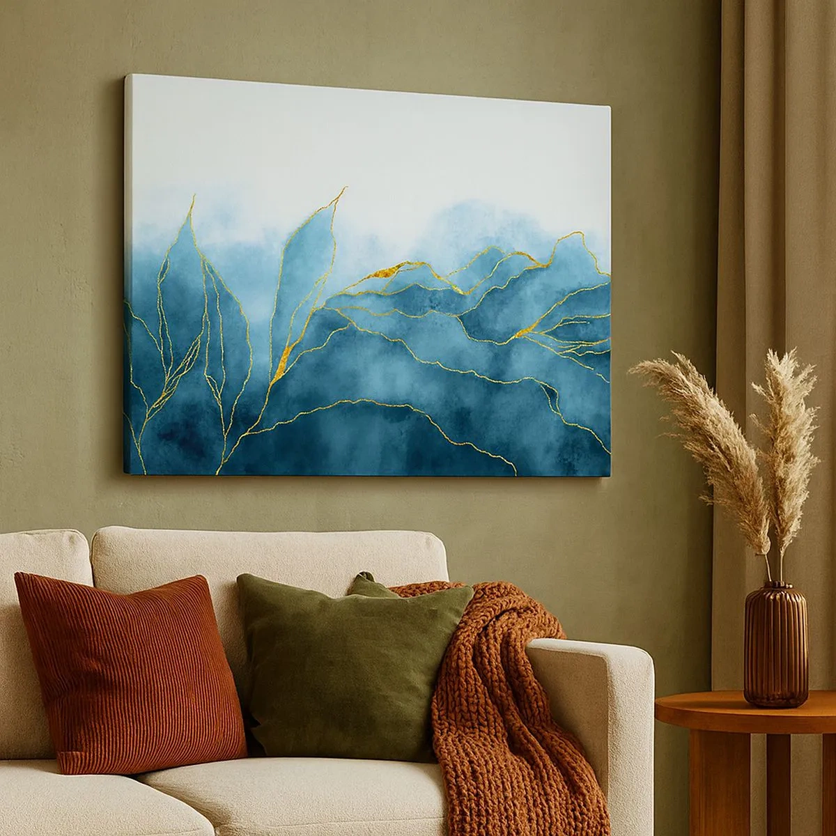 Schilderen op canvas - Abstracte golven in tinten blauw met gouden accenten - 70x50cm - Blauw in goud - Moderne wanddecoratie voor woonkamer en slaapkamer ARTTOR