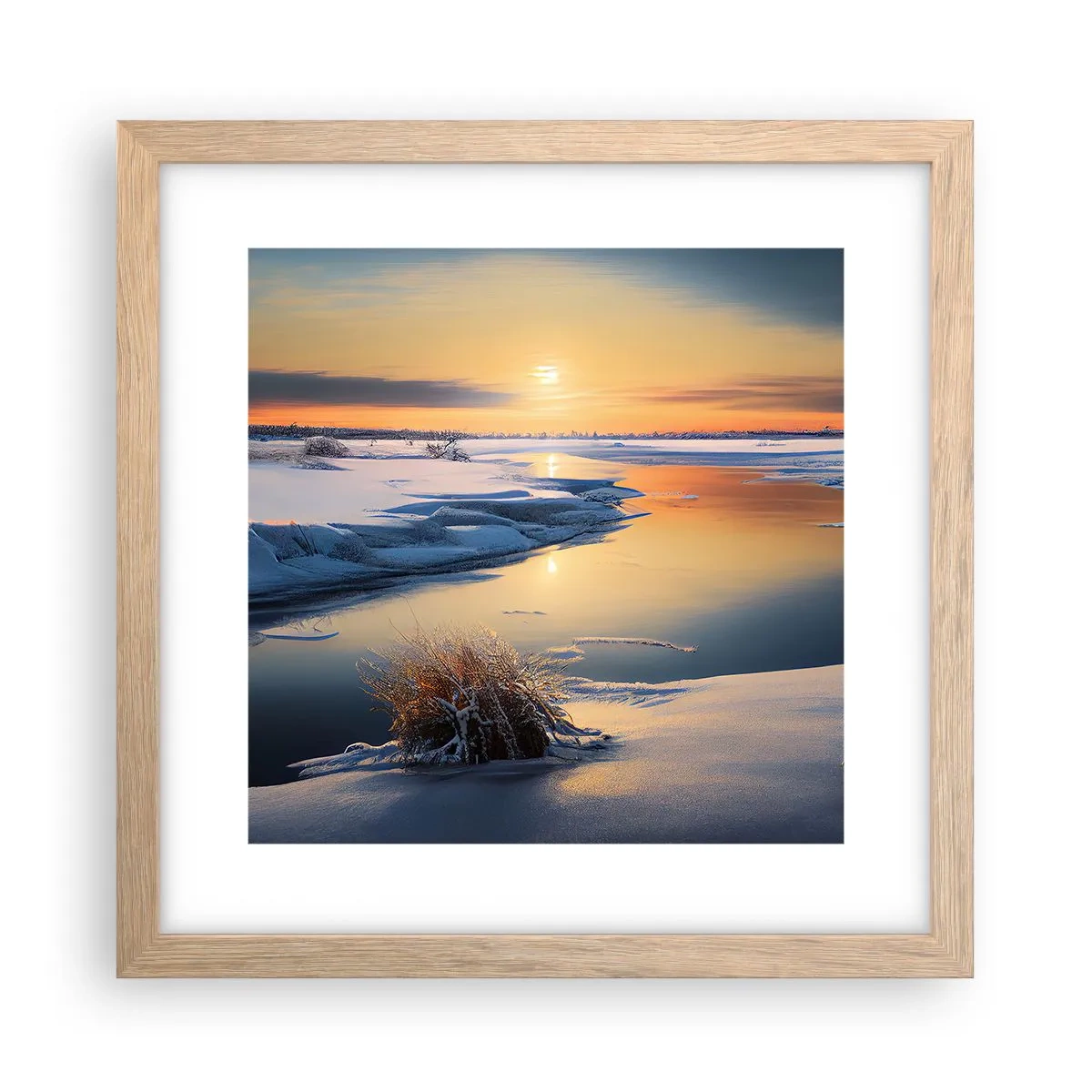 Een poster in een licht eiken lijst - Winterse zonsondergang - 30x30 cm