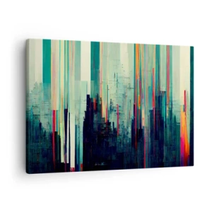 Schilderen op canvas - Abstractie met verticale lijnen en een stadsgezicht - 70x50cm - Futuristische stad - Moderne wanddecoratie voor woonkamer en slaapkamer ARTTOR