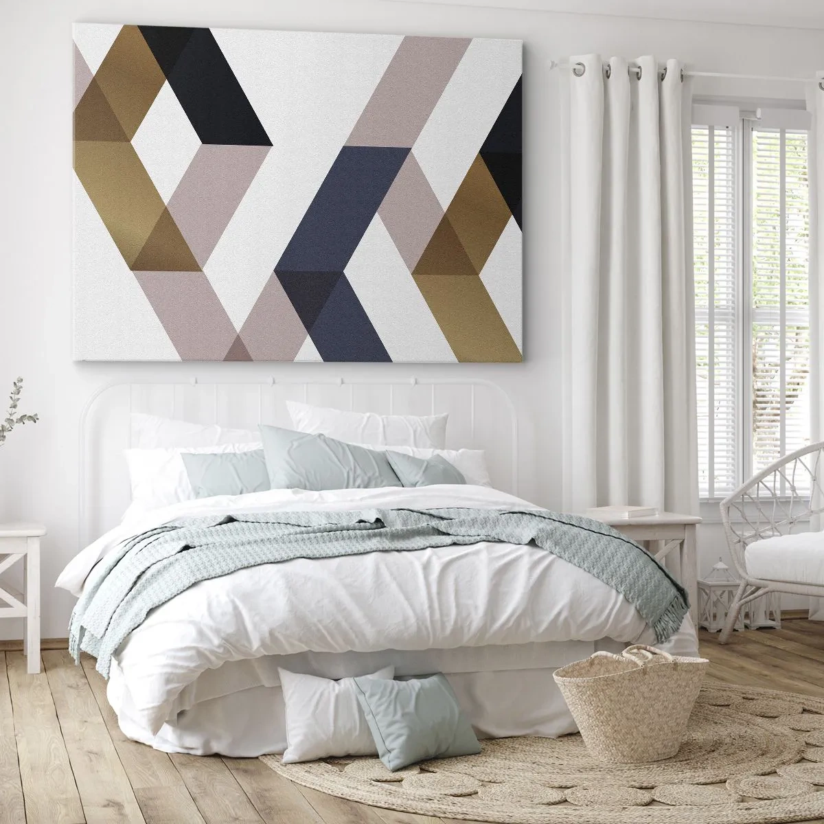 Schilderen op canvas - Geometrische patronen in tinten goud en marineblauw - 70x50cm - Vlakken en hoeken - Moderne wanddecoratie voor woonkamer en slaapkamer ARTTOR