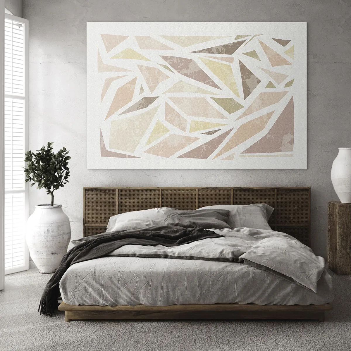 Schilderen op glas - Geometrisch mozaïek in pastelkleuren op een lichte achtergrond - 70x50cm - Gebrandschilderd glas compositie - Moderne wanddecoratie voor woonkamer en slaapkamer ARTTOR