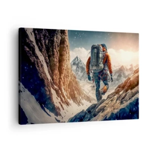 Schilderen op canvas - Een klimmer op een bergpad in een winterlandschap - 70x50cm - Eenzame strijder - Moderne wanddecoratie voor woonkamer en slaapkamer ARTTOR
