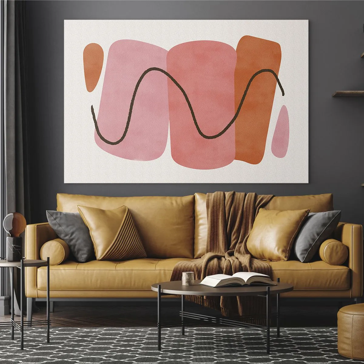 Schilderen op glas - Abstracte vormen in roze en oranje met een zwarte lijn - 70x50cm - zachte beweging van vormen - Moderne wanddecoratie voor woonkamer en slaapkamer ARTTOR