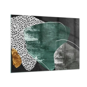 Schilderen op glas - Groene vormen met een zwarte achtergrond en een gouden accent - 70x50cm - Kleurrijke abstractie met bladgoud - Moderne wanddecoratie voor woonkamer en slaapkamer ARTTOR