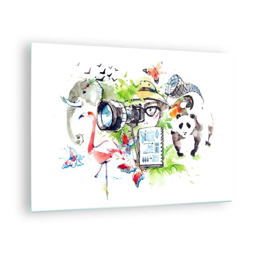 Schilderen op glas - Illustratie van een fotograaf met een camera en dieren - 70x50cm - In de lens van een reiziger - Moderne wanddecoratie voor woonkamer en slaapkamer ARTTOR