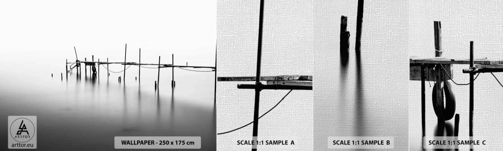 Fotobehang Monster Premium Canvas - Wat als er geen wereld is? - Landschap, Houten brug, Zwart en wit - 100x30 cm