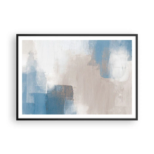 Poster in een zwarte lijst - Roze abstractie achter een blauw gordijn - 100x70 cm