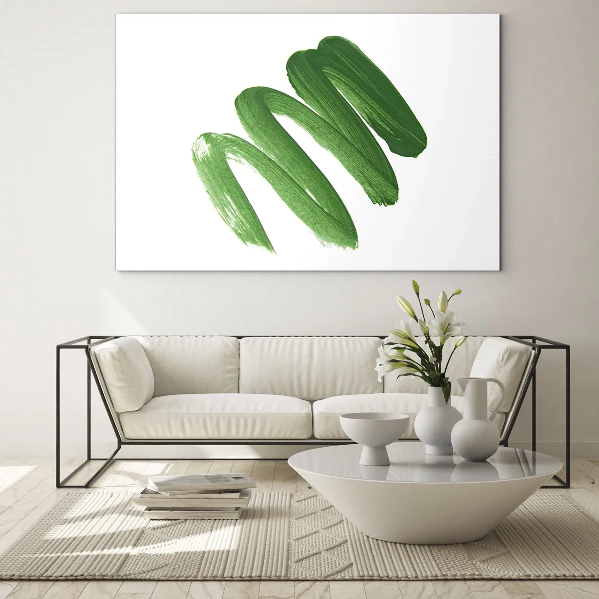 Schilderen op glas - Dynamische groene penseelstreek op witte achtergrond - 70x50cm - Groene grap - Moderne wanddecoratie voor woonkamer en slaapkamer ARTTOR