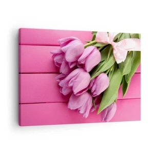 Schilderen op canvas - Een boeket roze tulpen met een strik op een roze achtergrond - 70x50cm - Enkel voor jou - Moderne wanddecoratie voor woonkamer en slaapkamer ARTTOR