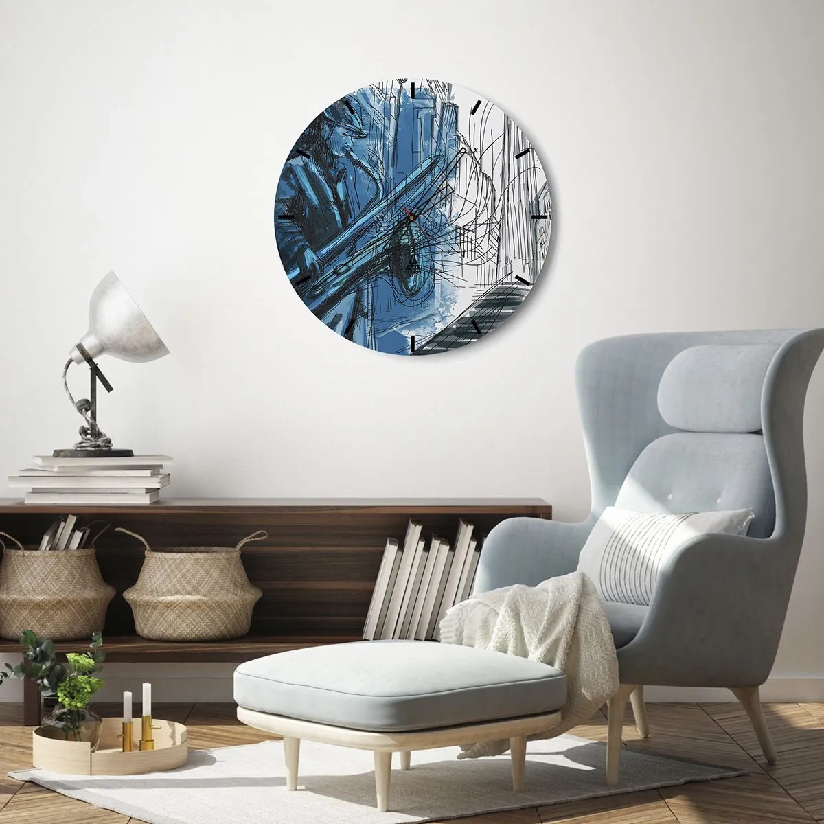 Wandklok - Klok - Een jazzmuzikant in een artistieke interpretatie - 30x30cm - Stedelijke Rapsodie - Moderne wanddecoratie voor woonkamer, keuken en slaapkamer ARTTOR