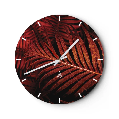 Wandklok - Klok - Roodoranje bladeren van een tropische plant op een donkere achtergrond - 30x30cm - De hitte van het leven - Moderne wanddecoratie voor woonkamer, keuken en slaapkamer ARTTOR
