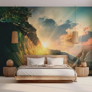 Fotobehang Standard Eco - Surfer, waar ben je? - Zee Golf, Stralen van de zon, Natuur - 250x175 cm