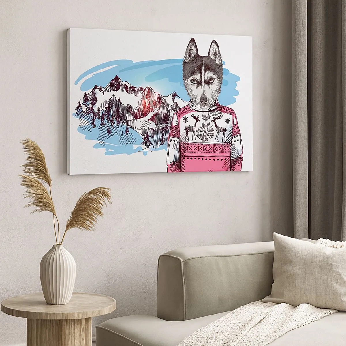 Schilderen op canvas - Een wolf in een wintertrui tegen een berglandschap - 70x50cm - Een wolf in schaapswol - Moderne wanddecoratie voor woonkamer en slaapkamer ARTTOR