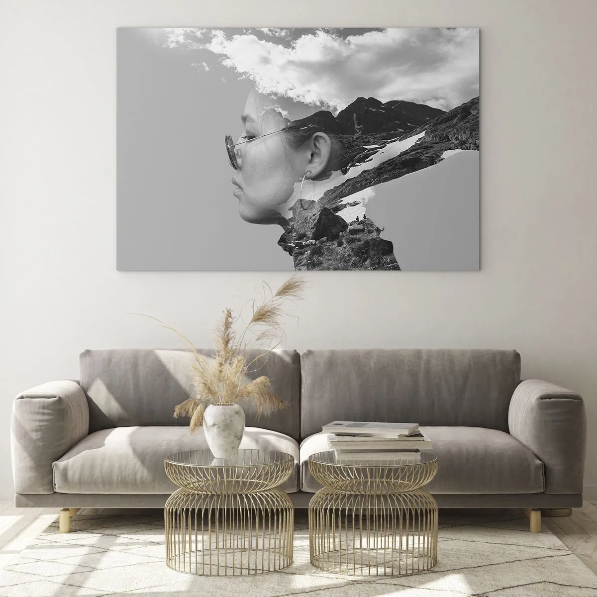 Schilderen op glas - Een creatief dubbelbelicht portret met een berglandschap en wolken - 70x50cm - Top en bewolkt portret - Moderne wanddecoratie voor woonkamer en slaapkamer ARTTOR