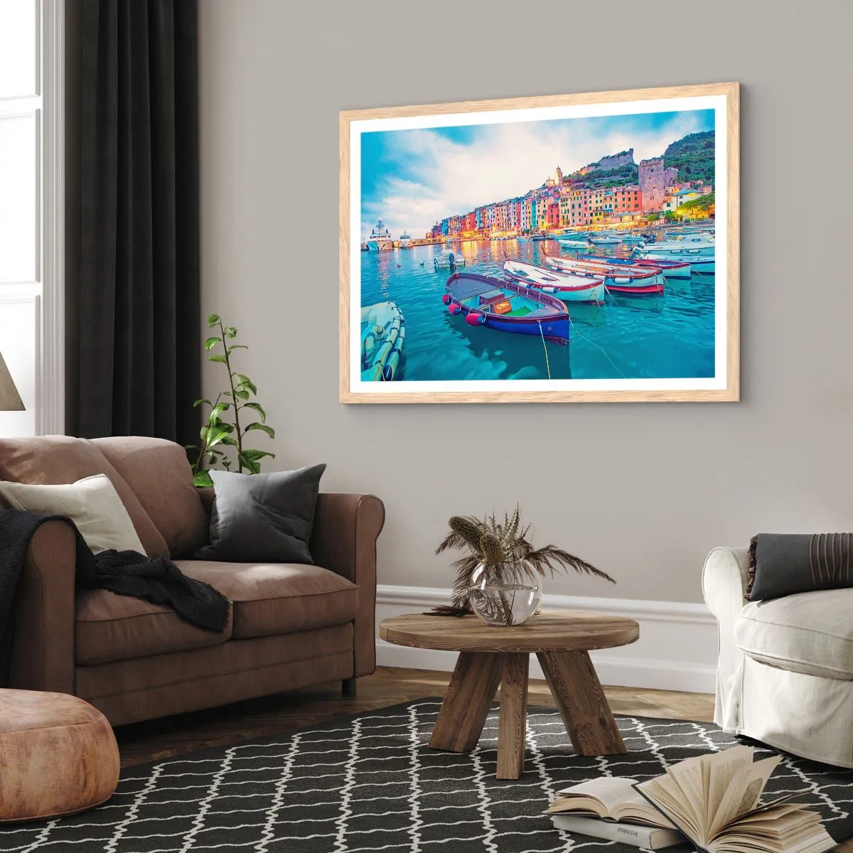 Een poster in een licht eiken lijst - Kleurrijke avond in de haven - 91x61 cm
