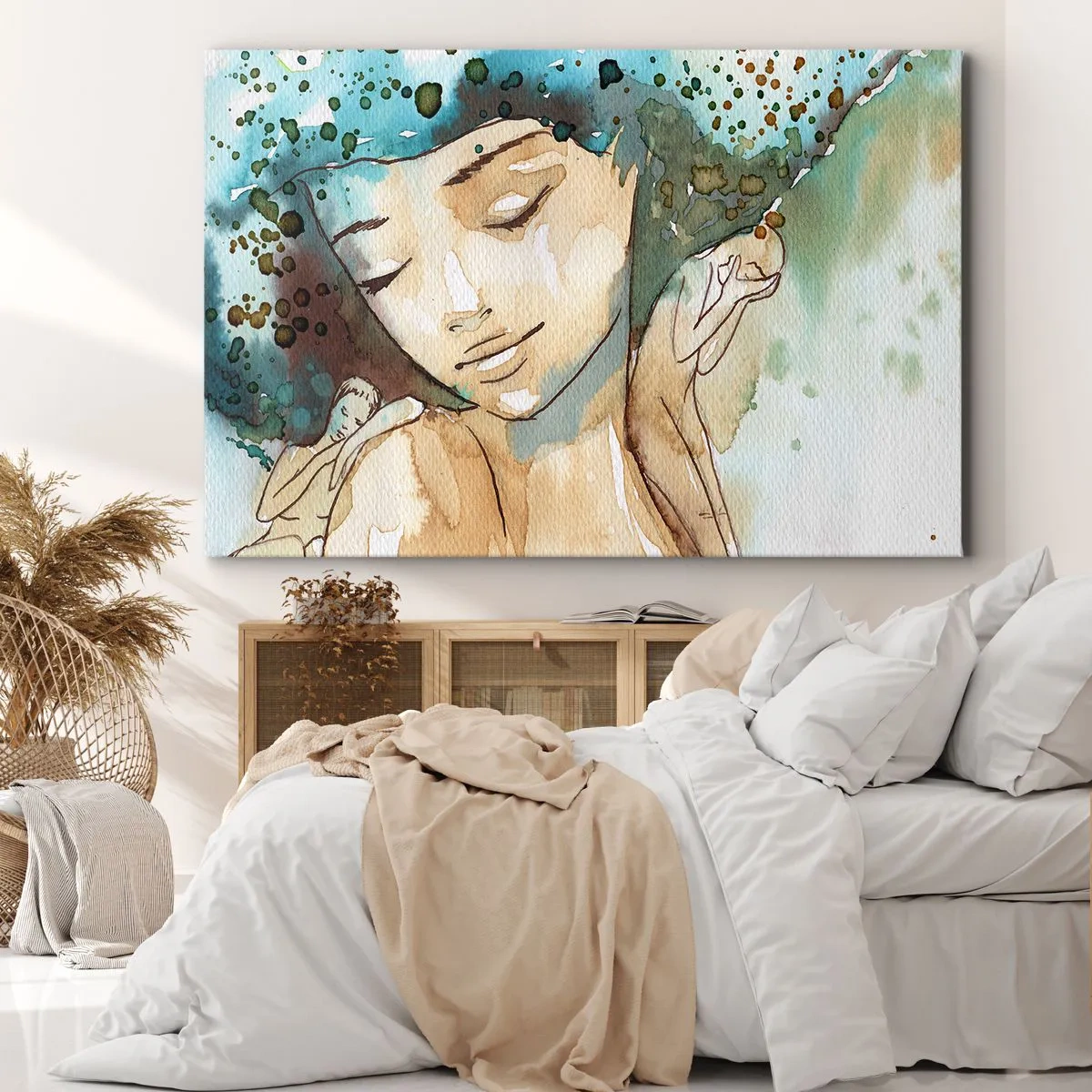 Schilderen op canvas - Portret van een vrouw in delicate aquarelkleuren - 70x50cm - Dame in het blauw - Moderne wanddecoratie voor woonkamer en slaapkamer ARTTOR