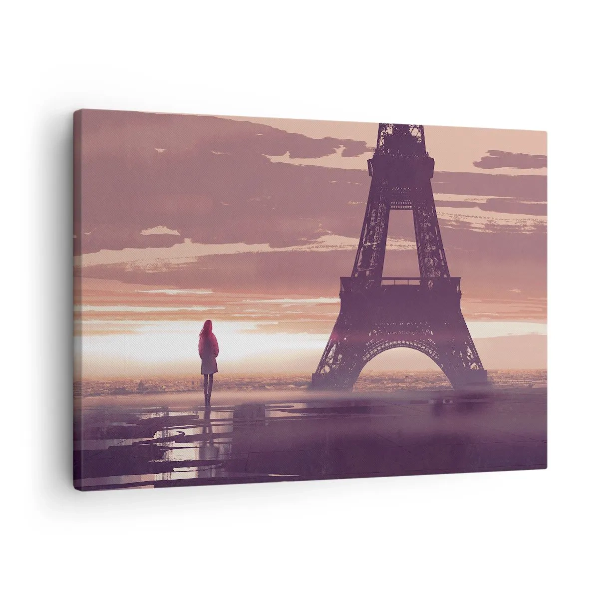 Schilderen op canvas - Een figuur kijkt naar de Eiffeltoren in het licht van de ondergaande zon - 70x50cm - Slechts twee van hen - Moderne wanddecoratie voor woonkamer en slaapkamer ARTTOR