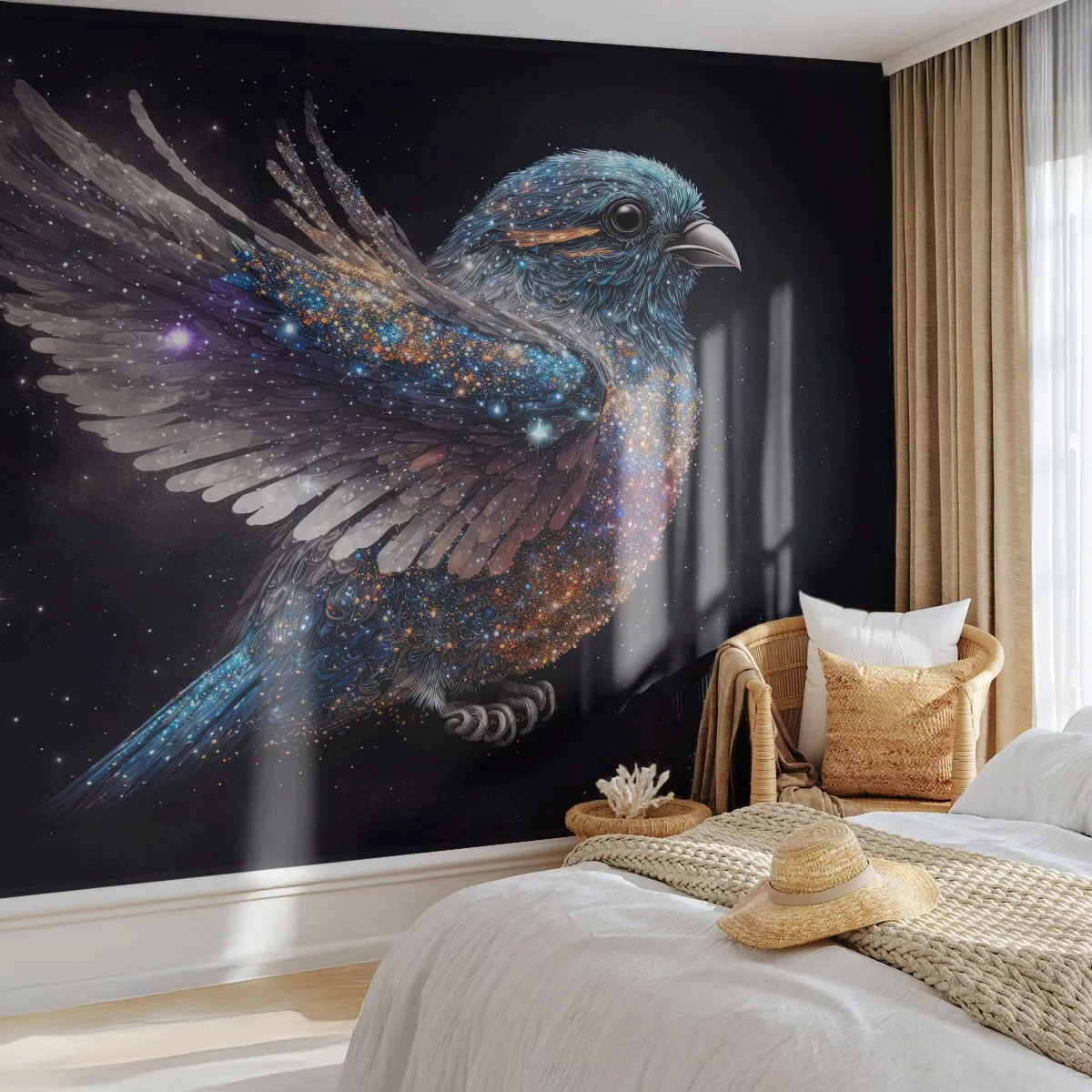 Fotobehang Premium Sand - Diamant mus - Vogel, Magie, Kosmos - 100x70 cm
