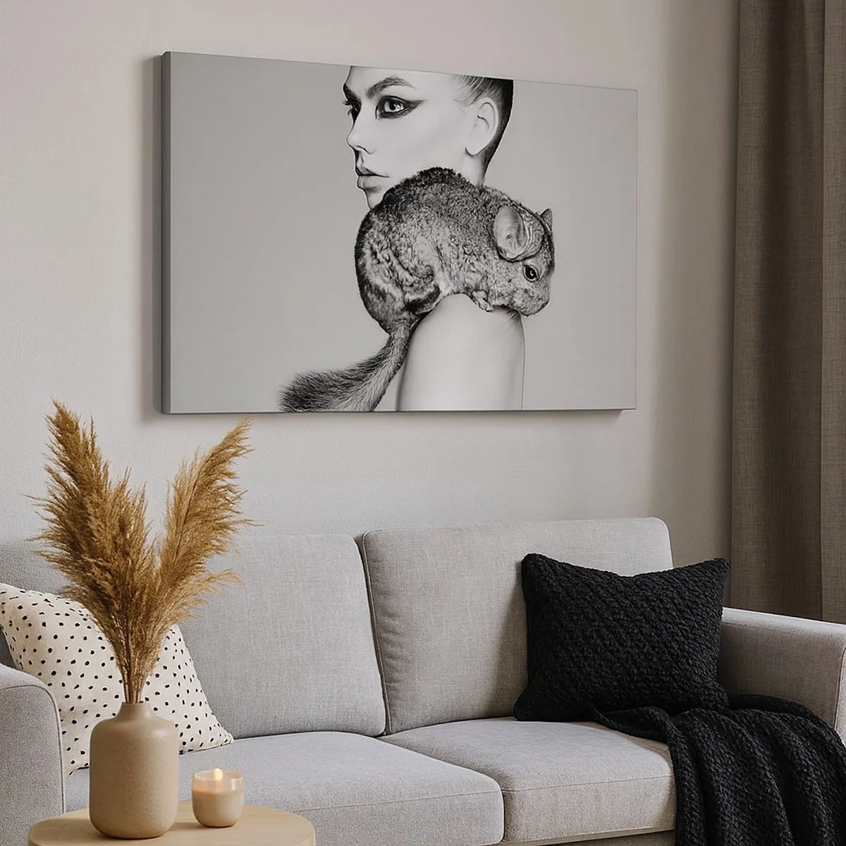 Schilderen op canvas - Gestileerde vrouw met een chinchilla in een elegante zwart-witcompositie - 70x50cm - Dame met een chinchilla - Moderne wanddecoratie voor woonkamer en slaapkamer ARTTOR