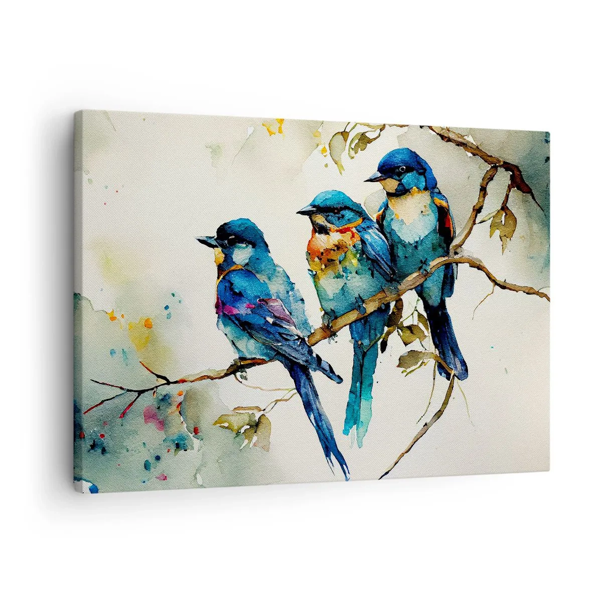 Schilderen op canvas - Drie kleurrijke vogels op een tak in aquarelstijl - 70x50cm - Is hij boos geworden? - Moderne wanddecoratie voor woonkamer en slaapkamer ARTTOR