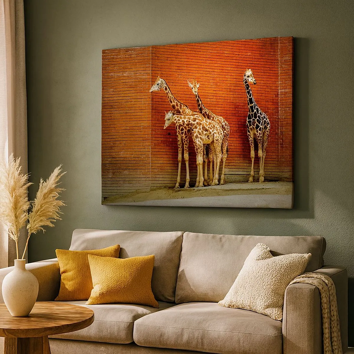 Schilderen op canvas - Vier giraffen tegen een bakstenen muur in een artistieke setting - 70x50cm - Zie je acacia? - Moderne wanddecoratie voor woonkamer en slaapkamer ARTTOR