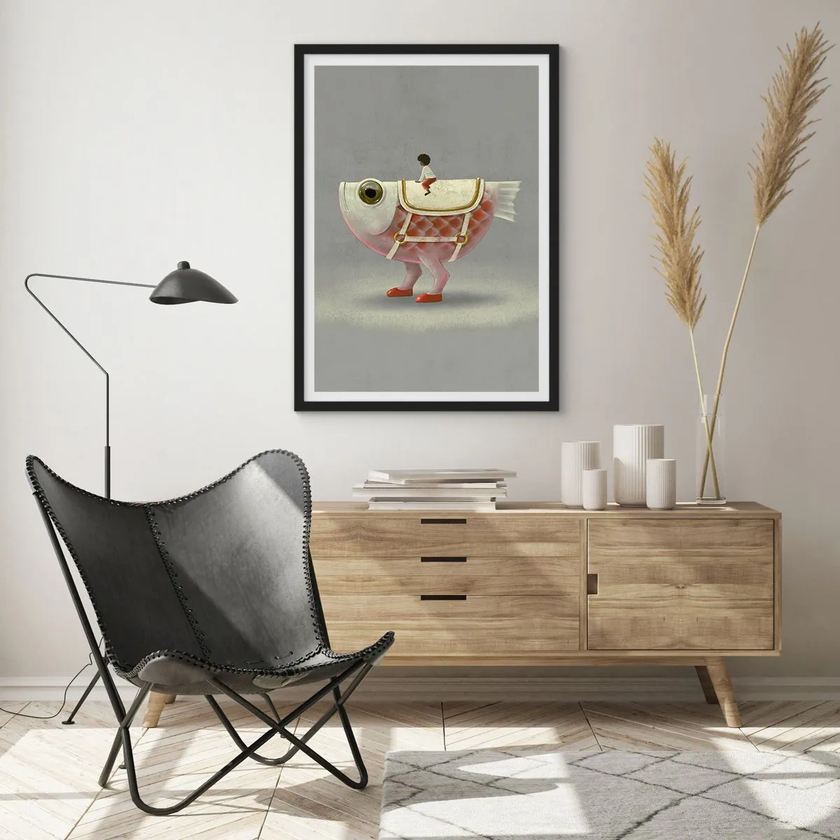 Poster in een zwarte lijst - Ruiter op een surrealistische vis - 70x100 cm
