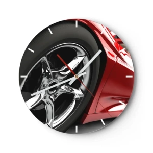 Wandklok - Klok - Close-up van de chromen velgen van een rode auto - 30x30cm - Gemaakt voor snelheid - Moderne wanddecoratie voor woonkamer, keuken en slaapkamer ARTTOR