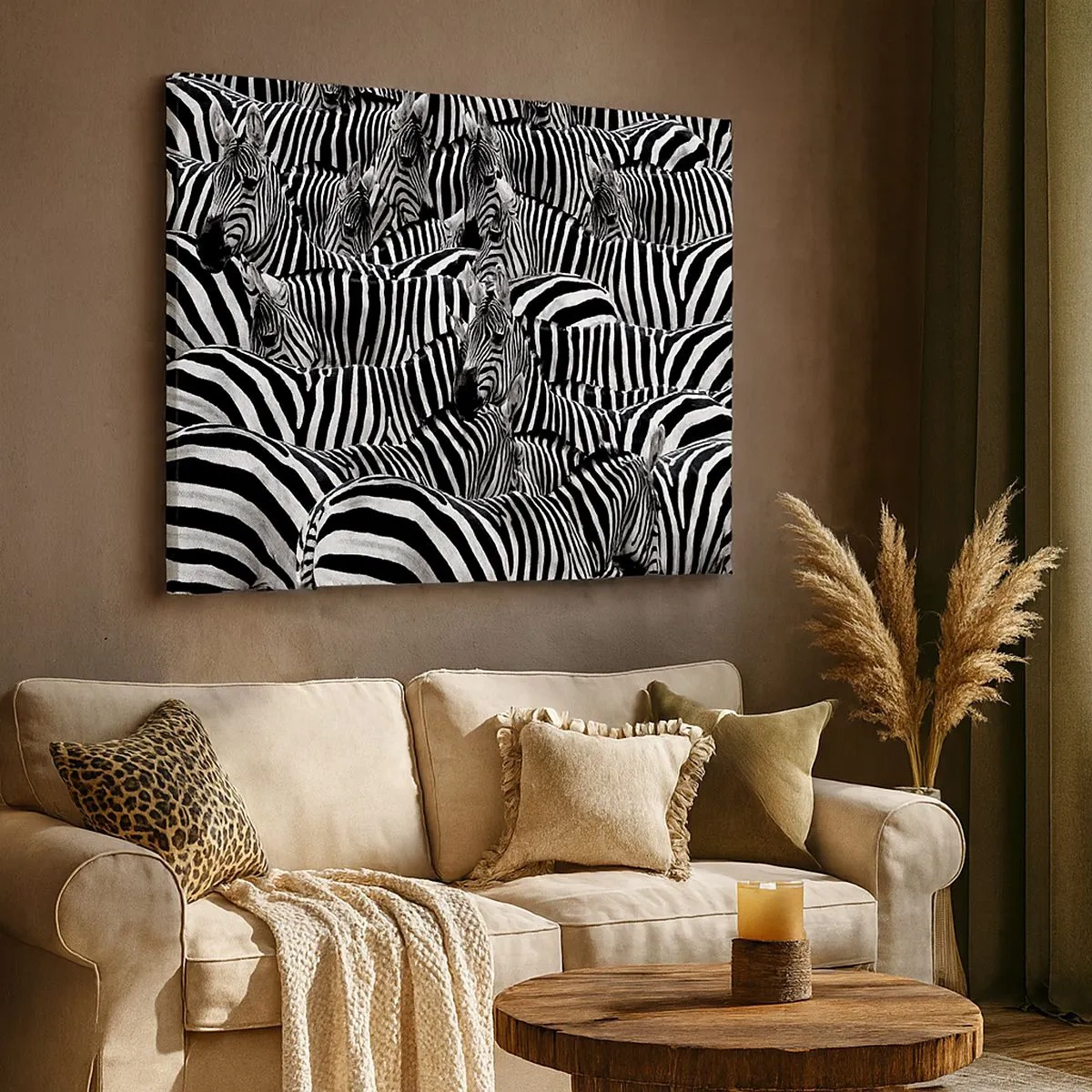 Schilderen op canvas - Een groep zebra's met zwarte en witte strepen, waardoor een symmetrisch patroon ontstaat. - 70x50cm - Groepsportret met strepen - Moderne wanddecoratie voor woonkamer en slaapkamer ARTTOR