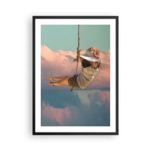 Poster in een zwarte lijst - Een vrouw op een schommel tussen pastelkleurige wolken - 50x70cm - Plezier in de wolken - Moderne wanddecoratie voor woonkamer en slaapkamer ARTTOR