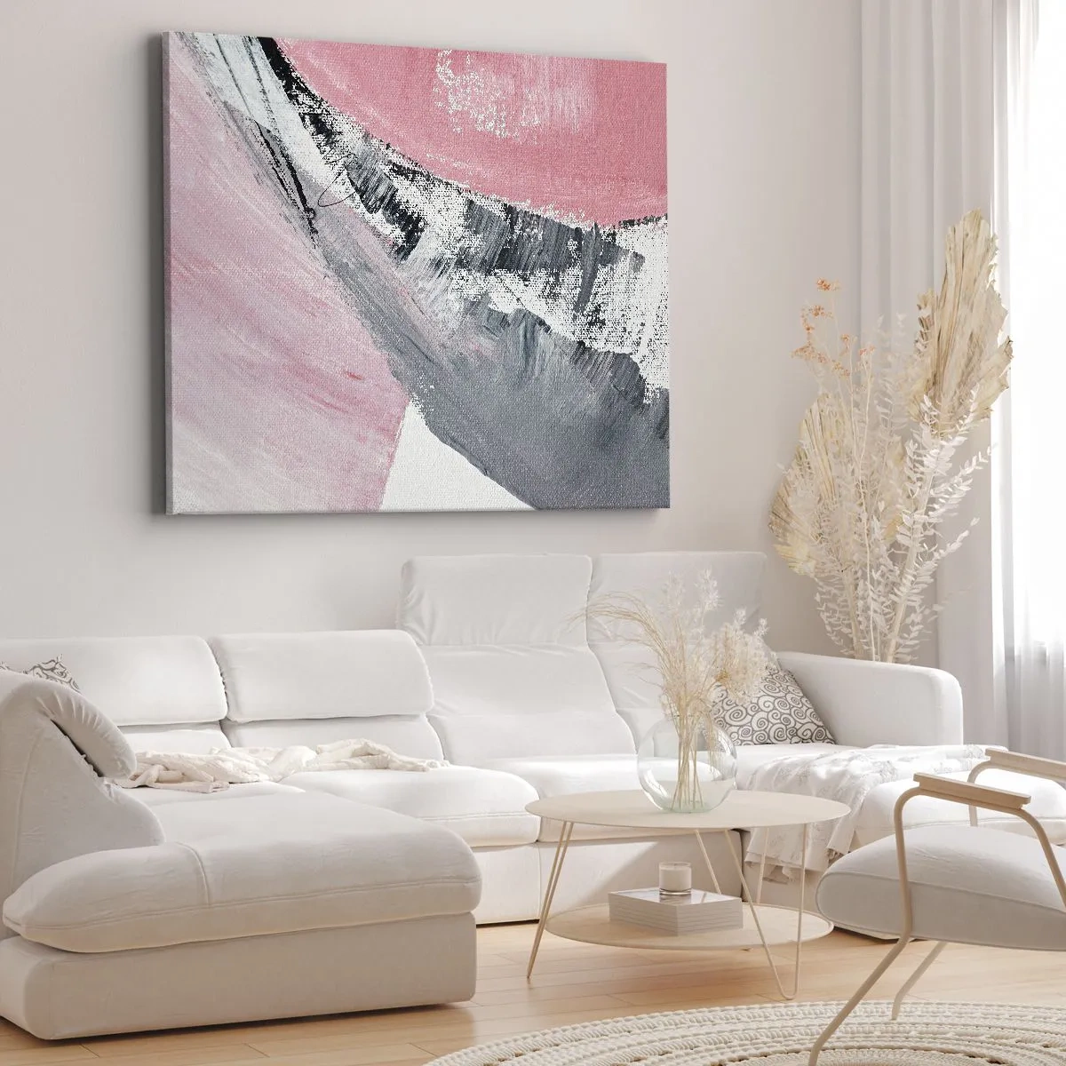 Schilderen op canvas - Een abstracte compositie in tinten roze en grijs. - 70x50cm - Bijpassende compositie - Moderne wanddecoratie voor woonkamer en slaapkamer ARTTOR