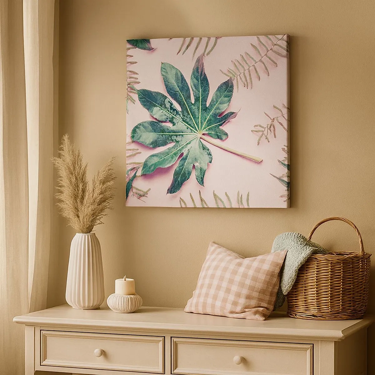 Schilderen op canvas - Een studie van groen op een roze achtergrond - 30x30 cm