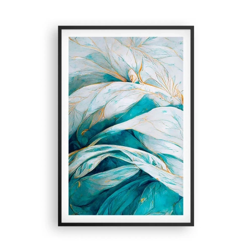 Poster in een zwarte lijst - Blauwe abstractie met een gouden motief - 61x91 cm