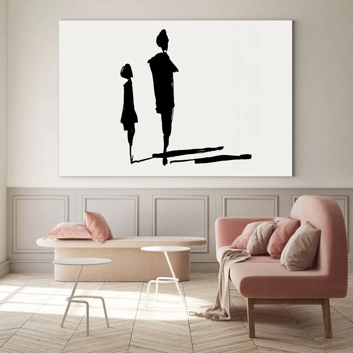 Schilderen op glas - Zwarte silhouetten van twee figuren met schaduwen op een lichte achtergrond - 70x50cm - Zeker samen? - Moderne wanddecoratie voor woonkamer en slaapkamer ARTTOR