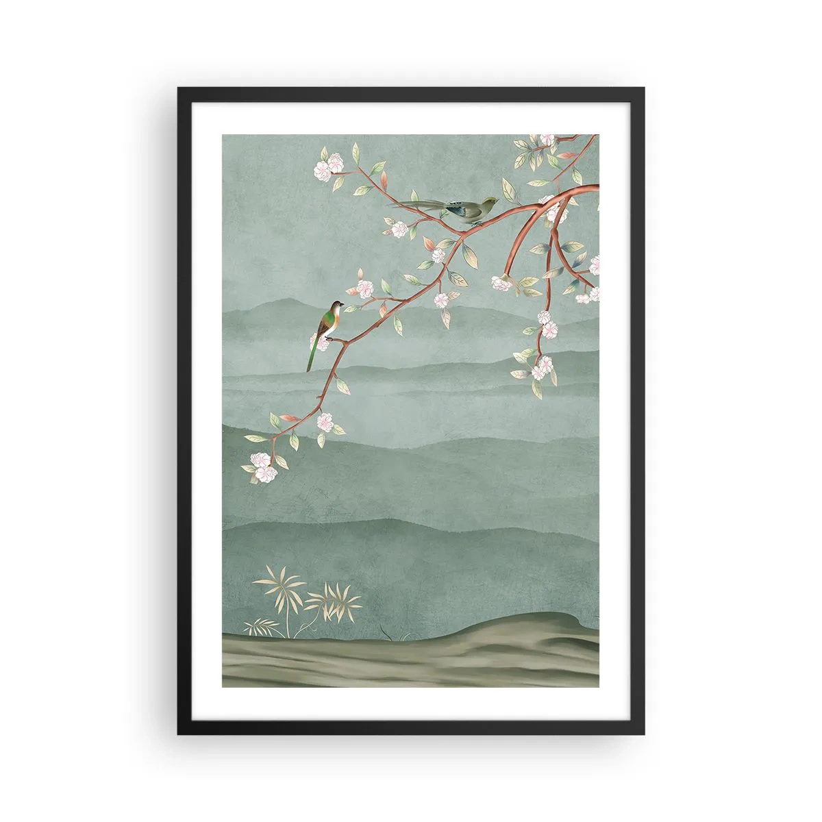 Poster in een zwarte lijst - Vogels op een bloeiende tak met uitzicht op de heuvels - 50x70cm - Lente, oh jij bent het - Moderne wanddecoratie voor woonkamer en slaapkamer ARTTOR