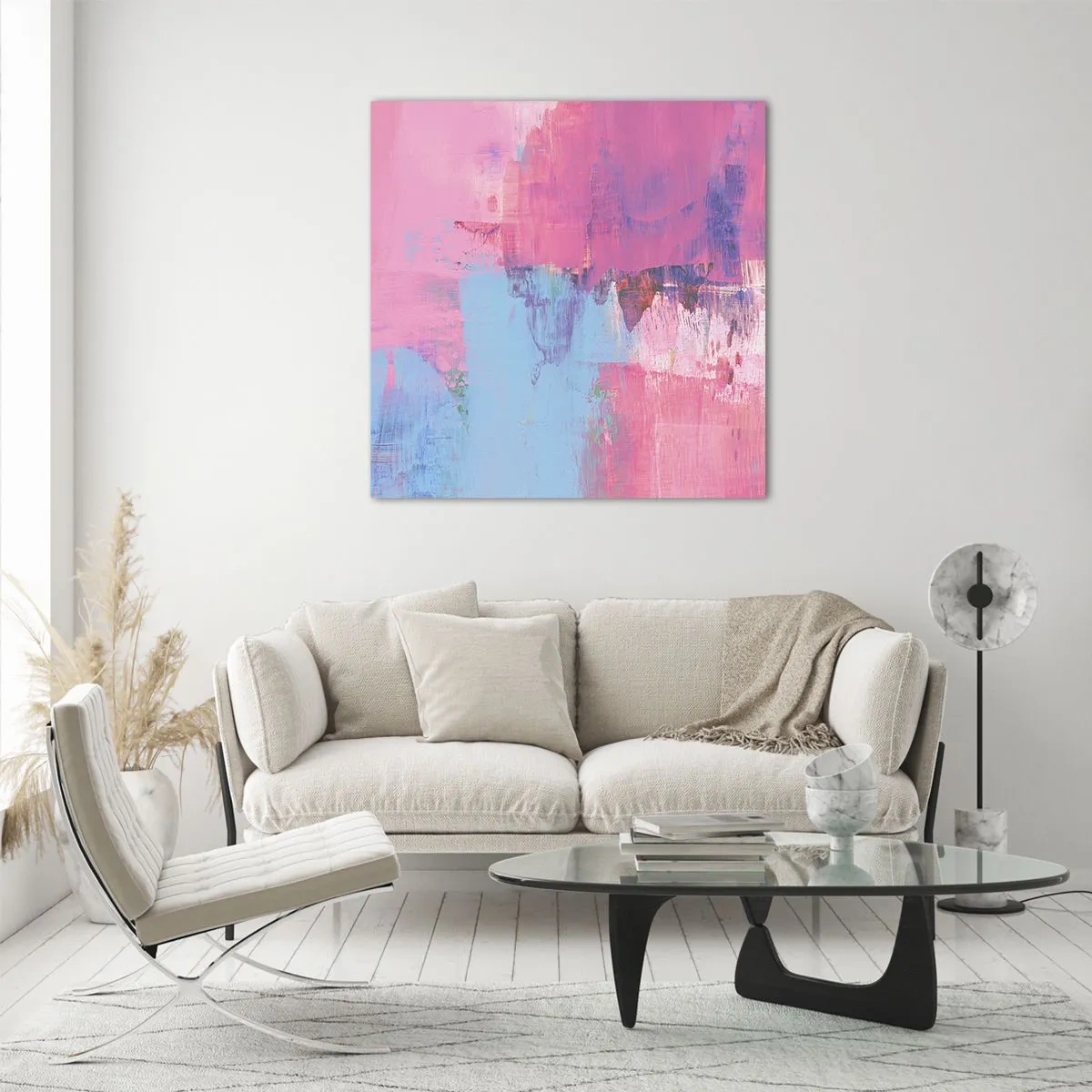 Schilderen op glas - Roze, blauw en een vleugje licht - 60x60 cm