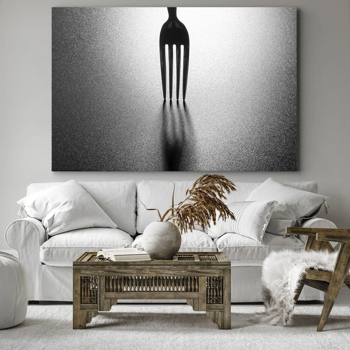Schilderen op canvas - Een minimalistische versie van een vork in zwart-wit met schaduwspel. - 70x50cm - Licht en schaduw - Moderne wanddecoratie voor woonkamer en slaapkamer ARTTOR