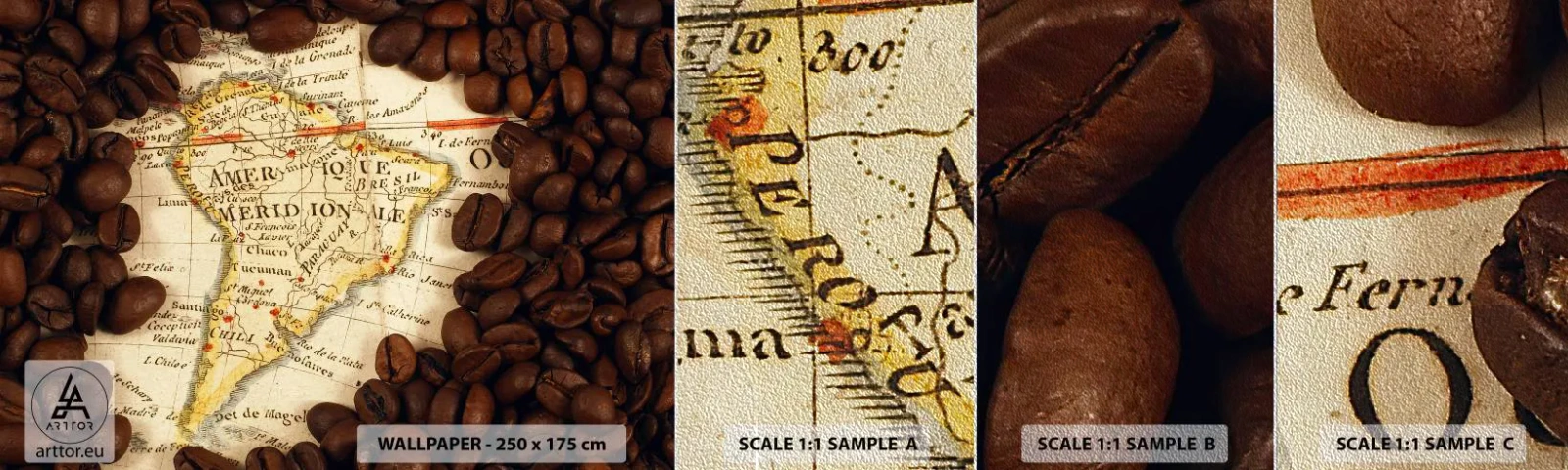 Fotobehang Monster Premium Sand - Waar komt de beste koffie vandaan? - Wereldkaarten, Koffie, Amerika - 100x30 cm