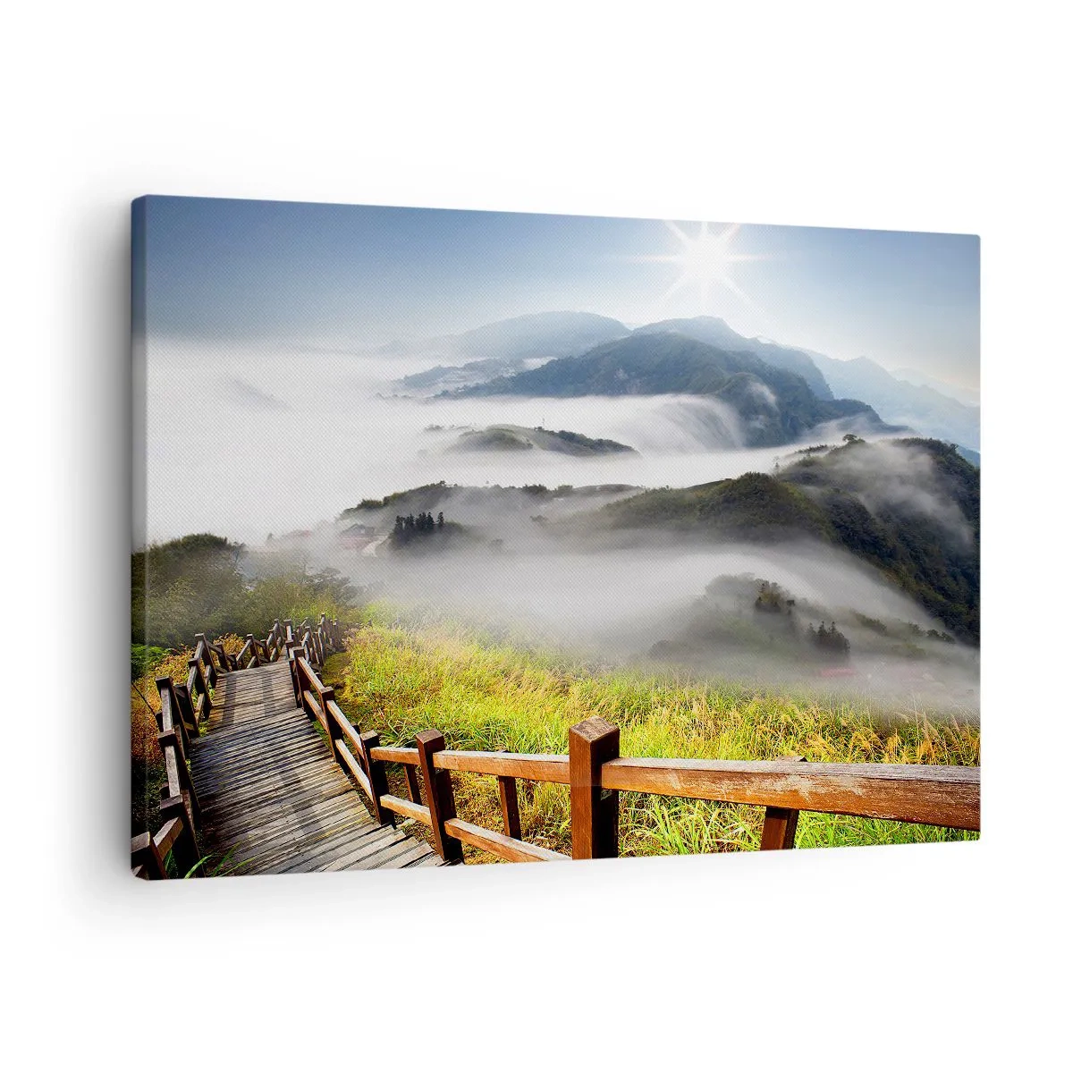 Schilderen op canvas - Een houten pad tussen de mistige bergen in de ochtend - 70x50cm - Geweven van schittering en mist - Moderne wanddecoratie voor woonkamer en slaapkamer ARTTOR