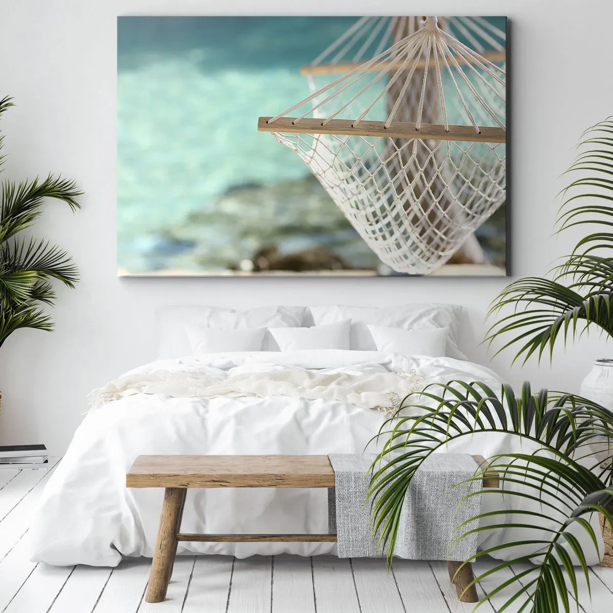 Schilderen op canvas - Een hangmat met uitzicht op het turquoise water - 70x50cm - Tijd om te ontspannen - Moderne wanddecoratie voor woonkamer en slaapkamer ARTTOR