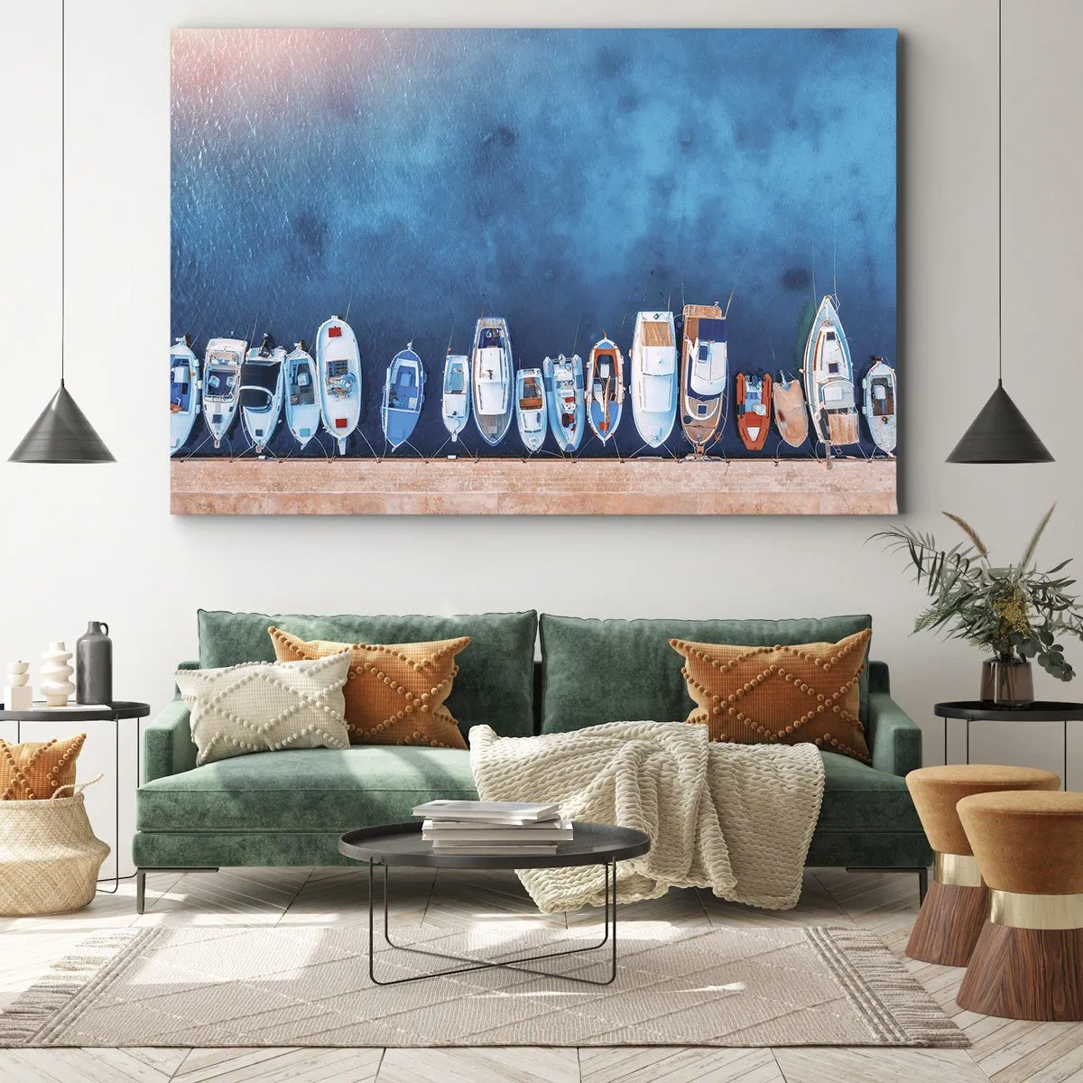 Schilderen op canvas - Boten afgemeerd aan de kust tegen het blauwe water - 70x50cm - In één rij - Moderne wanddecoratie voor woonkamer en slaapkamer ARTTOR
