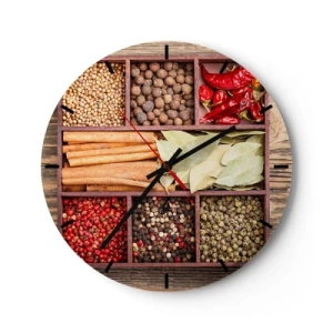Wandklok - Klok - Specerijen in houten vakken - 30x30cm - Volgorde van vormen, boeket van aroma's - Moderne wanddecoratie voor woonkamer, keuken en slaapkamer ARTTOR