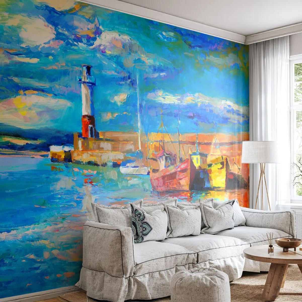 Fotobehang Premium Sand - Een middag in de regenboogbaai - Vissershaven, Vissersboot, Vuurtoren - 100x70 cm