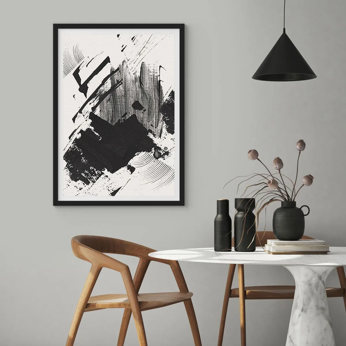 Poster in een zwarte lijst - Abstracte zwart-witte penseelstreken - 50x70cm - Abstractie – expressie van zwart - Moderne wanddecoratie voor woonkamer en slaapkamer ARTTOR