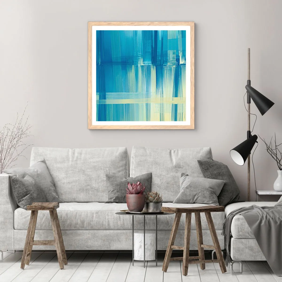 Een poster in een licht eiken lijst - Compositie in turkoois - 50x50 cm